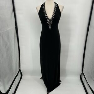 Vintage De Laru Maxi Halter Dress Size 3/4 Black Deep V Rhinestone Evening Gala
